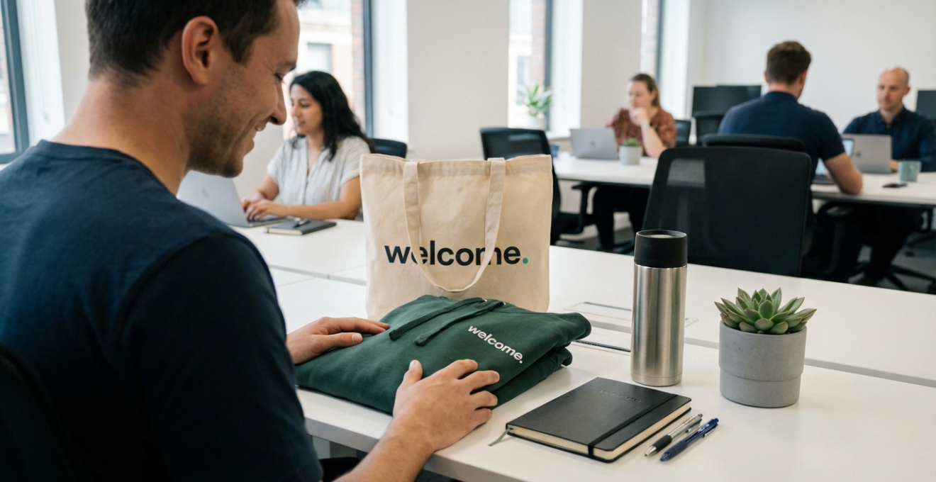 Nouveau collaborateur découvrant son welcome pack d'entreprise avec goodies personnalisés