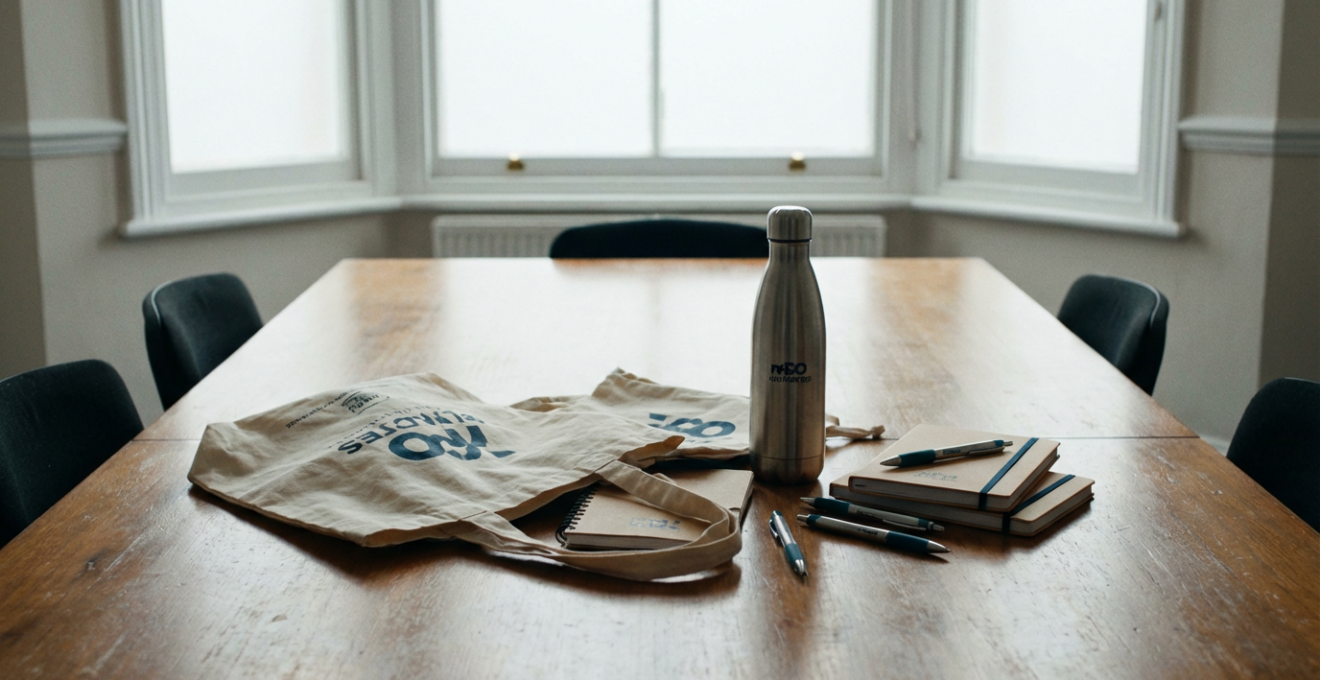 Assortiment de goodies personnalisés disposés sur table de réunion pour sélection