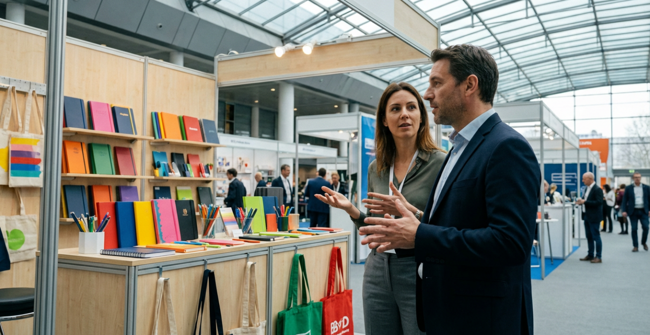 Professionnels échangeant devant stand salon B2B avec présentoir goodies personnalisés