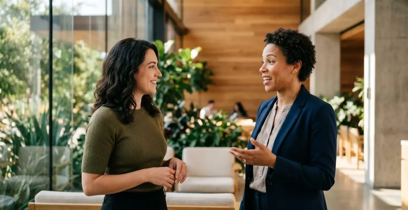 Deux professionnels en conversation dynamique, l'un attentif et l'autre expressif, illustrant l'écoute active dans un échange commercial