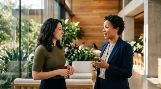 Deux professionnels en conversation dynamique, l'un attentif et l'autre expressif, illustrant l'écoute active dans un échange commercial
