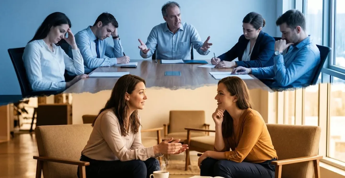 Illustration conceptuelle montrant deux approches commerciales : une conversation tendue en arrière-plan et un échange serein au premier plan, symbolisant le passage du hard selling à la vente humaine